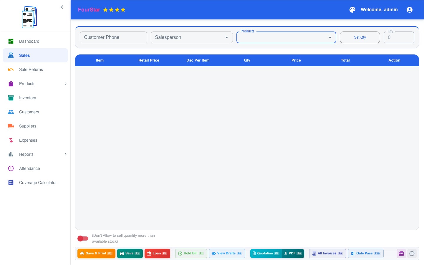 Four Star POS sales billing screen