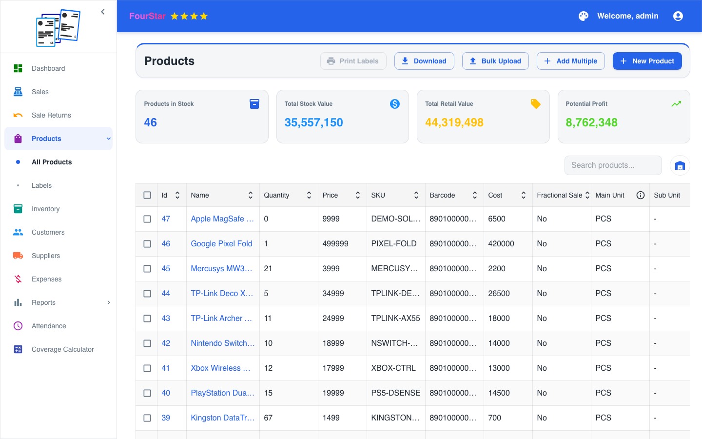 Four Star POS products and stock list